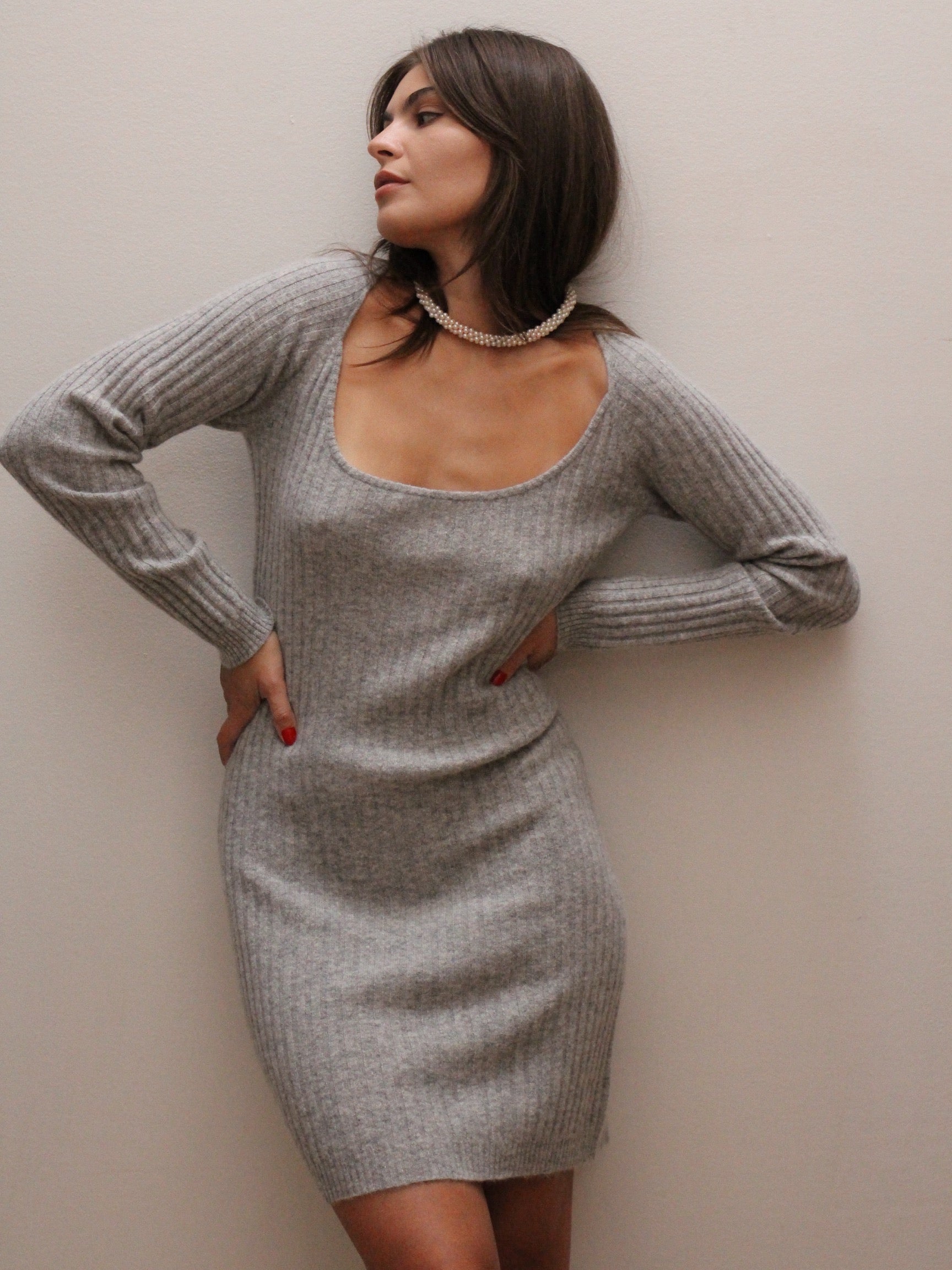 Grey Ribbed Scoop Neck Sweater Dress